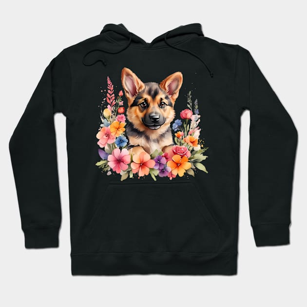 A german shepherd decorated with beautiful watercolor flowers Hoodie by CreativeSparkzz